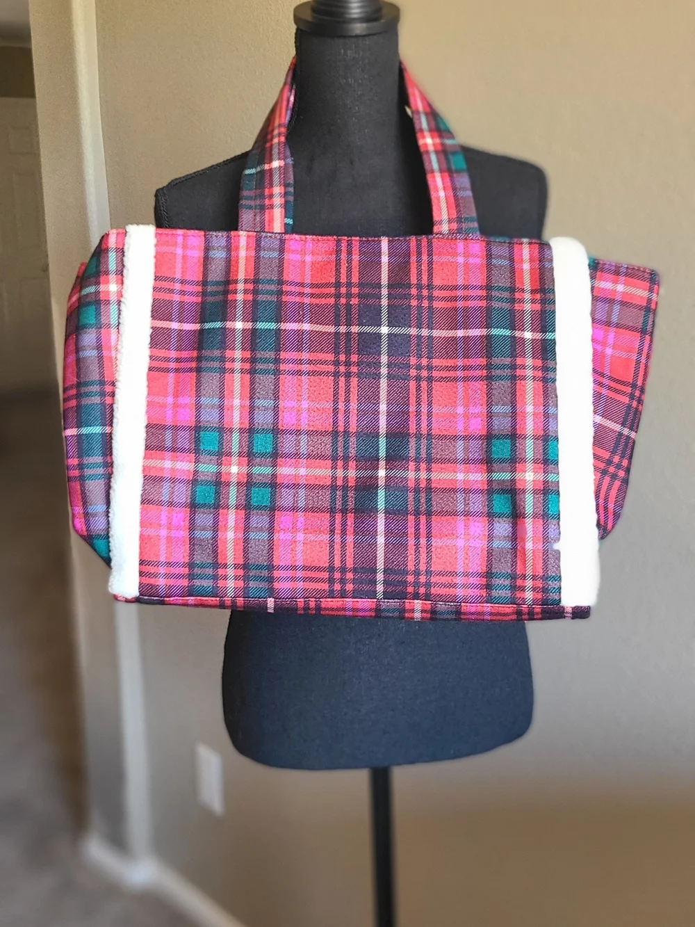 Victoria's Secret Pink and Black Plaid Tote with White Fuzzy Monogram